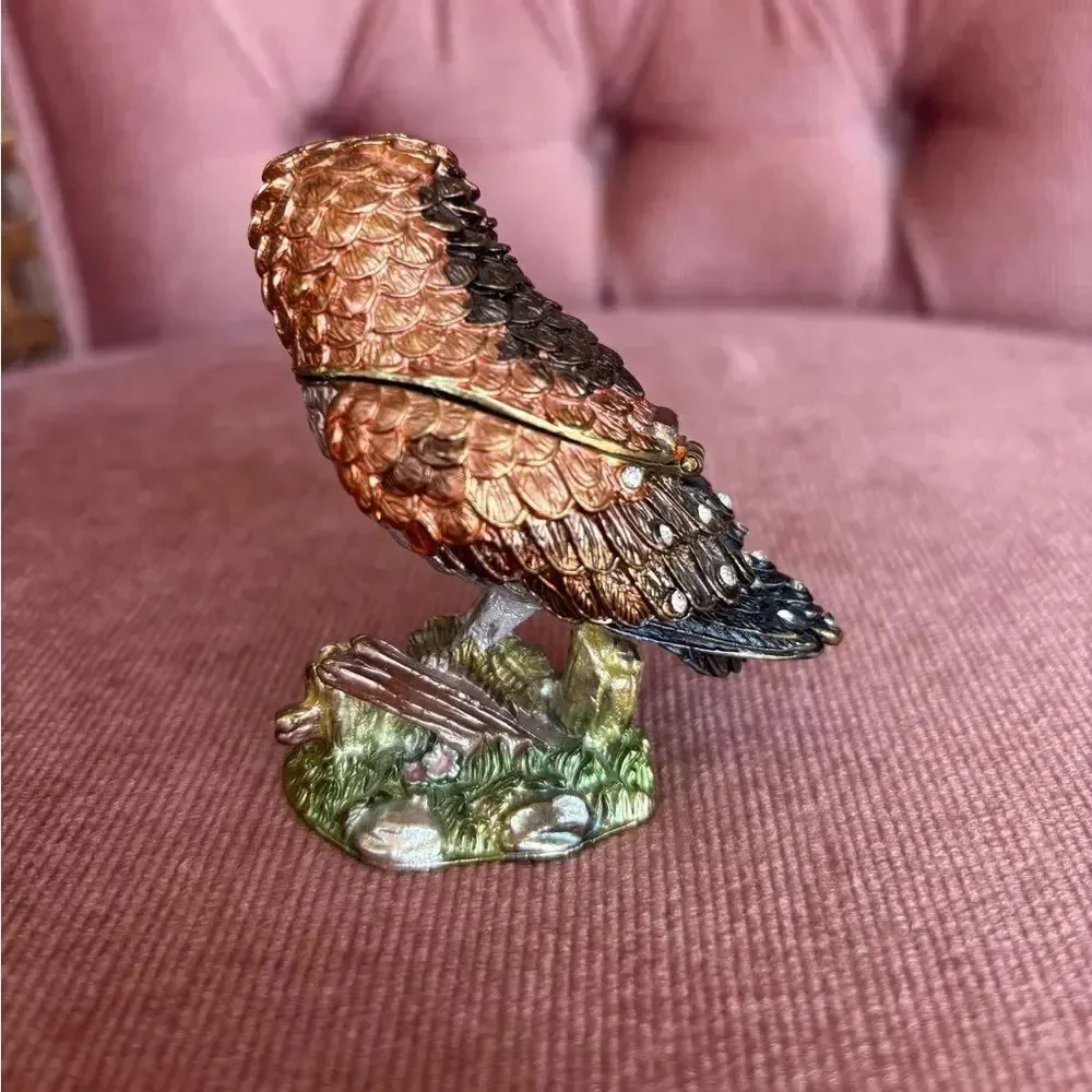 Owl Trinket Box Jeweled Hinged Miniature Figurine Brown Gold Enamel